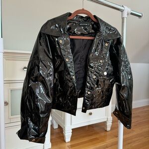 PLT Petite black vinyl cropped oversized trucker jacket